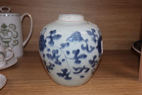 A 17th century Chinese blue and white ovoid jar, unglazed base height 17.5cm, lacking cover